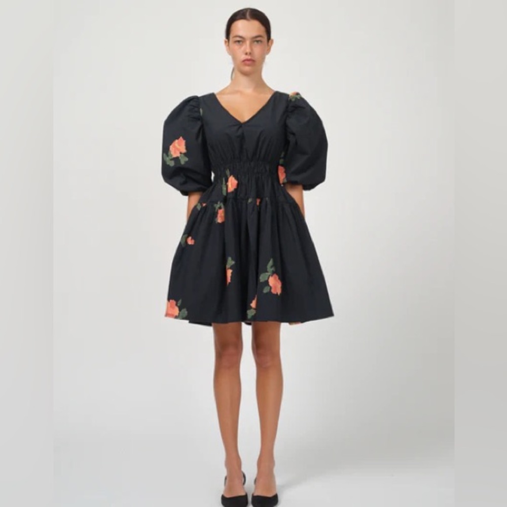 Naya Rea Floral Mini Dress Size M Black Puff Sleeve Open Back